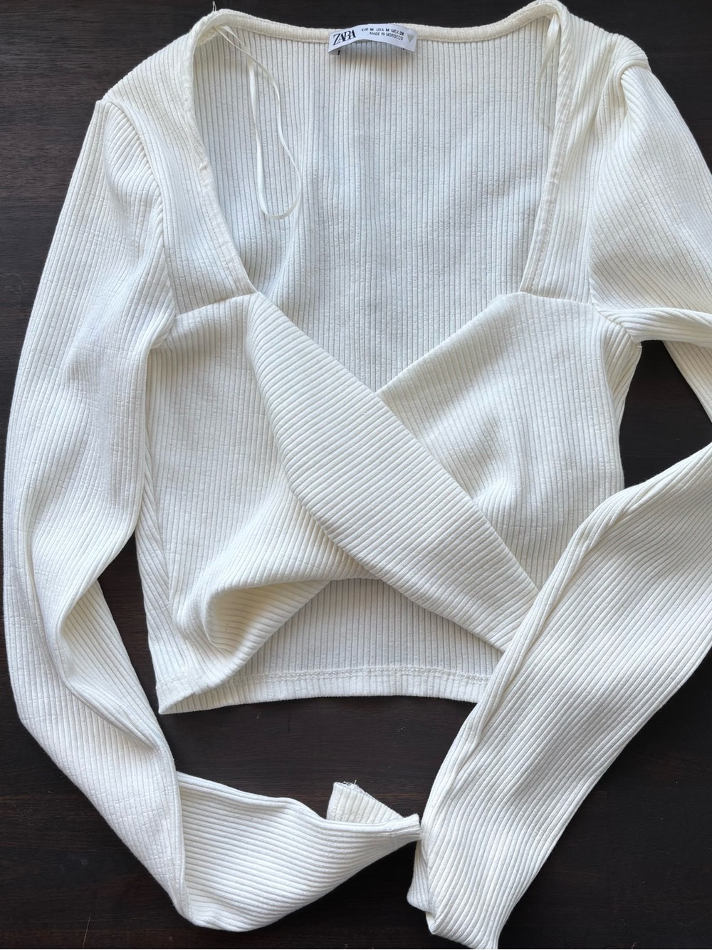 Zara NwOT Cream Ribbed Wrap-Front Long Sleeve Crop Top